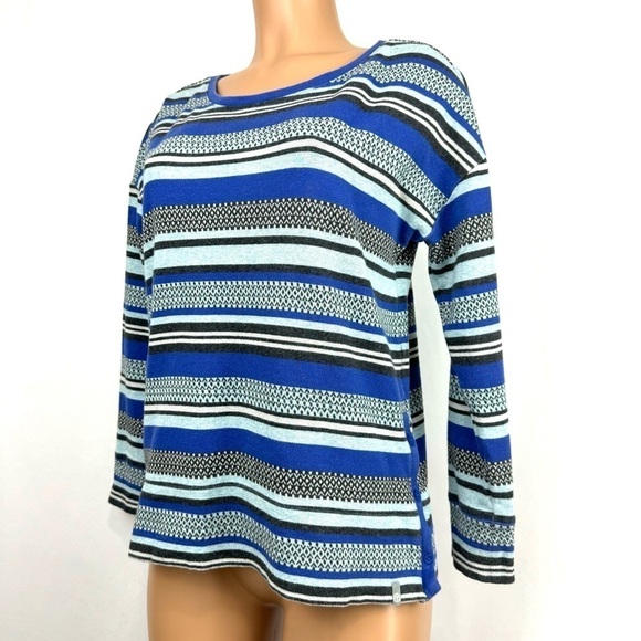 T By Talbots Womens Sz M Blue Gray Striped Button Sides 100% Cotton Knit Sweater - Picture 1 of 12